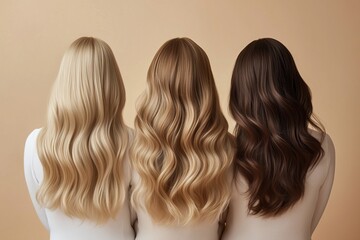 Three women with different hair colors and styles, standing side by side against a beige background.