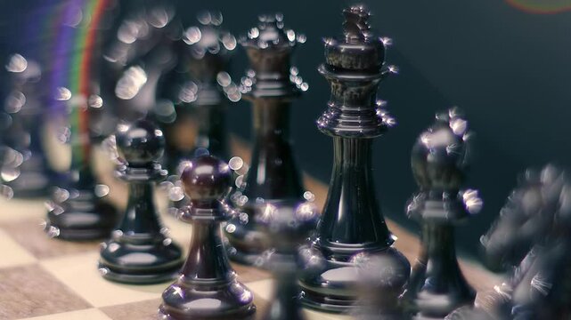 Lacquered chess pieces sparkle in the ray of light. Closeup. Shot in motion