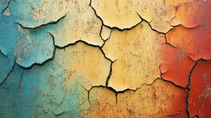 Obraz premium A vintage grunge background with worn-out textures, faded multicolored hues, and deep cracks for an authentic, aged effect.