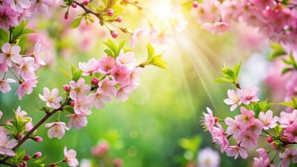 Obraz premium Vibrant spring flowers background with delicate pink blossoms amidst lush greenery and soft sunlight filtering through the leaves, blossom, landscape