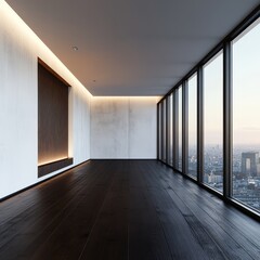 Obraz premium Modern empty room with dark hardwood floor, recessed lighting, and large windows offering a city view.