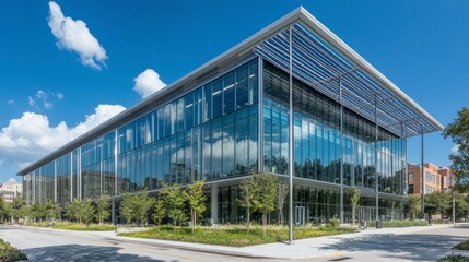 Obraz premium Modern Office Building Featuring Solar Panels on Roof Surrounded by Lush Greenery and Clear Blue Sky