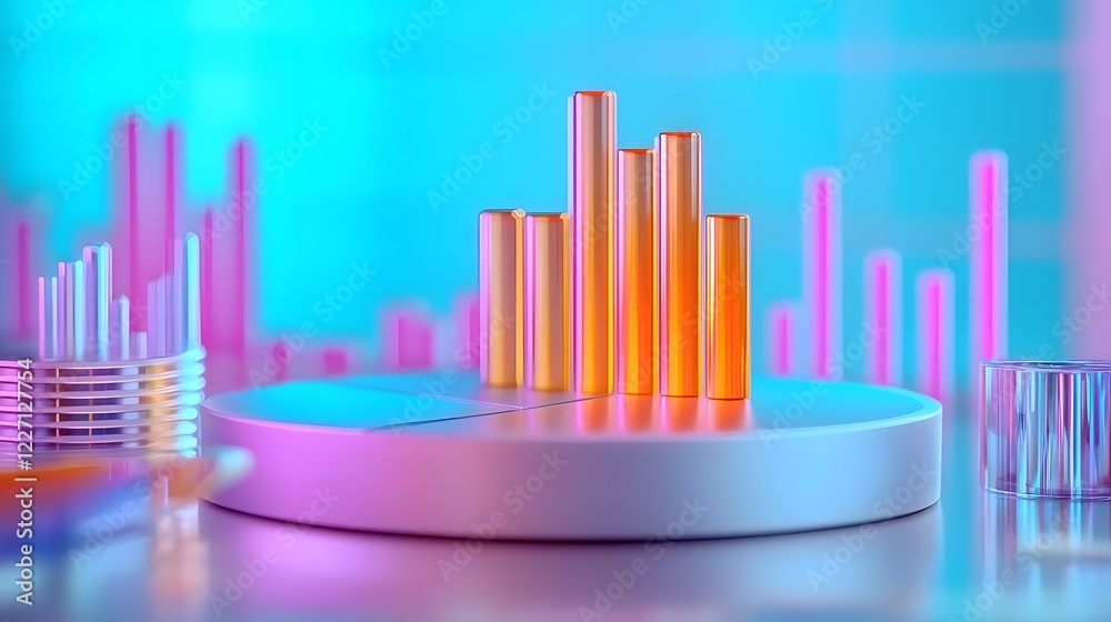Poster Meticulously Detailed 3D Pie Chart Surrounded by Floating Financial Market Trends and Professional Graphs Illuminated by Soft Ambient Lighting   An Advanced Data Visualization Concept