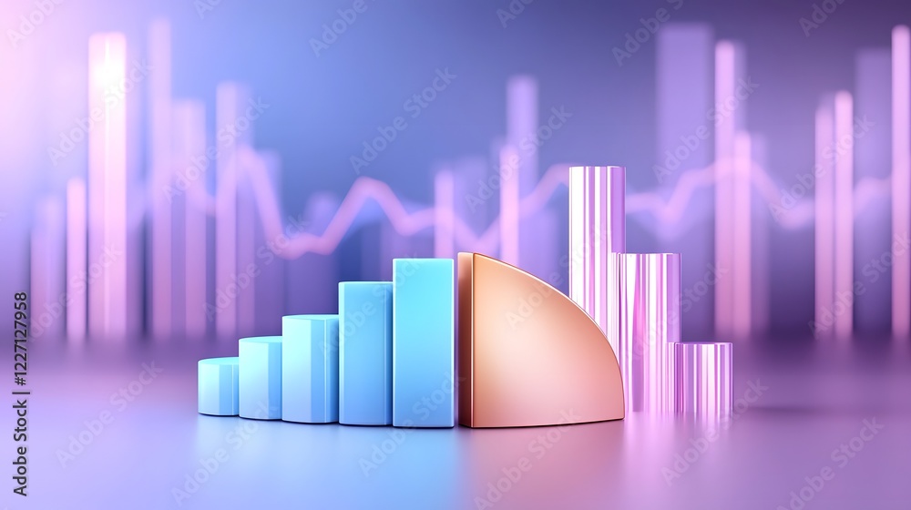 Poster A sophisticated 3D infographic featuring a polished pie chart with segmented colors surrounded by detailed financial market indicators and business growth metrics