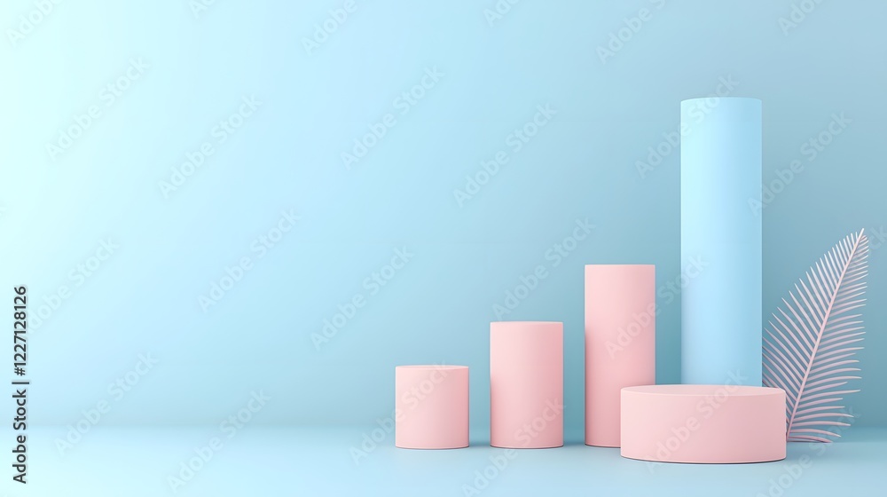 Poster Minimalistic 3D bar graph with smooth cylinder elements and simple geometric shapes arranged on a clean blue background with soft shadows for a modern and elegant data visualization