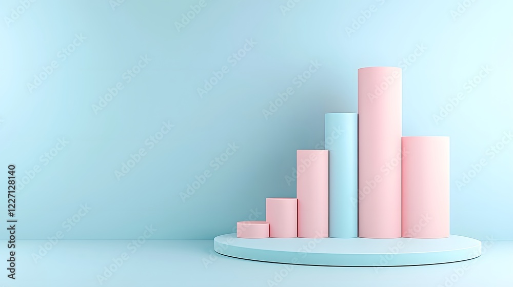 Poster Minimalistic 3D bar graph featuring smooth cylinder elements and simple geometric shapes arranged on a clean blue background with soft shadows for a modern and elegant data visualization solution