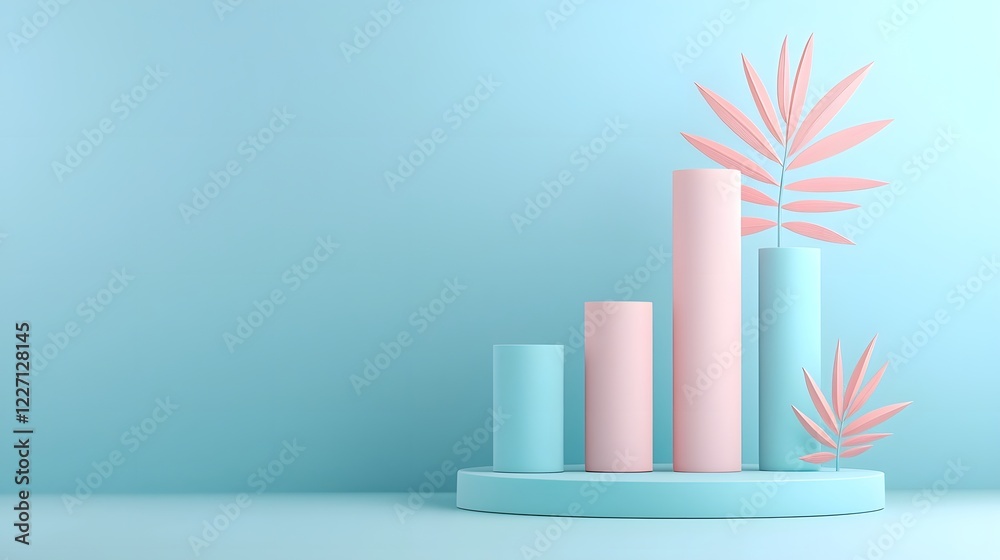 Aufkleber Minimalist 3D bar graph composed of smooth cylinder elements and simple geometric shapes arranged on a clean blue background with soft shadows creating a modern and elegant data visualization concept