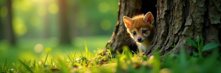 Small orphaned one peeking out from behind a tree trunk, nature, wild, refuge