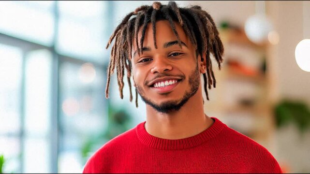Cheerful young man with dreadlocks wearing a red sweater, smiling brightly in a cozy modern indoor setting with warm lighting