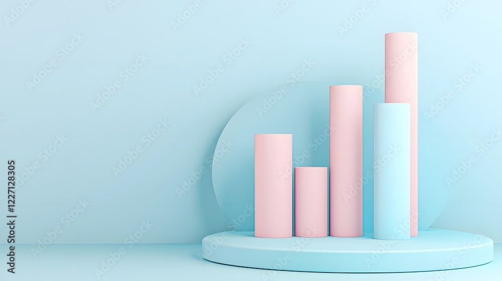 Poster Elegant and Aesthetically Pleasing 3D Data Visualization with Cylindrical Bar Elements Arranged in a Minimalist Pastel Blue Environment featuring Soft Reflections and Smooth Lighting