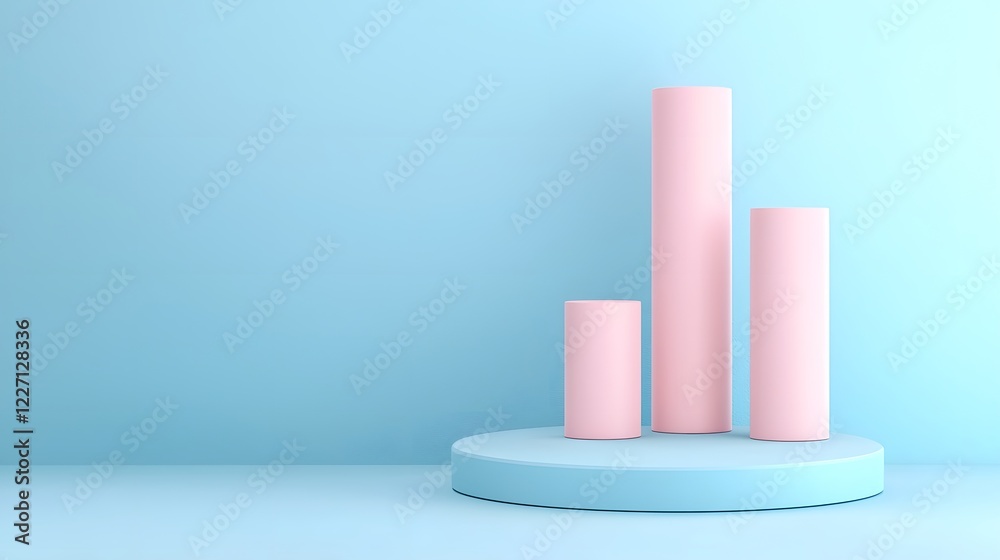 Poster Elegant and modern 3D data visualization featuring a serene arrangement of pastel blue cylindrical elements with soft reflections and smooth lighting in a minimalist environment