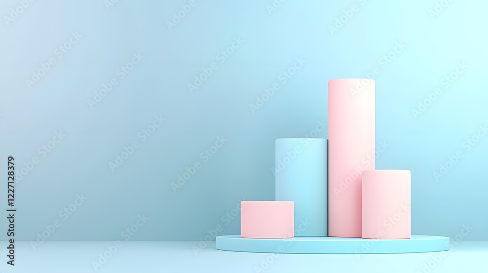 Fototapete Elegant and Minimalist 3D Bar Chart Design Featuring Stacked Cylindrical Shapes Arranged in a Visually Striking Manner on a Monochromatic Blue Background Emphasizing Simplicity and Clarity