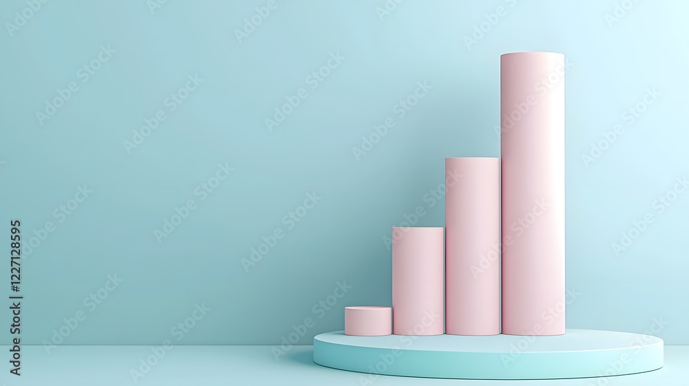 Poster A sleek and modern 3D business graph with smooth cylindrical elements and a clean soft blue background