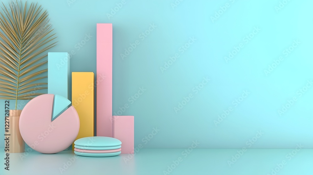 Aufkleber Elegant 3D data visualization featuring pastel colored bar charts pie graphs and line plots arranged on a sleek office desk with soft lighting and subtle shadows for added depth and visual appeal