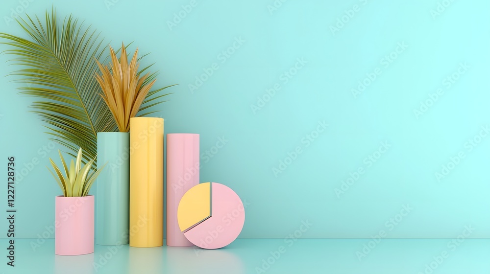 Fototapete Sleek and elegant 3D data visualization featuring pastel colored bar charts pie graphs and line plots