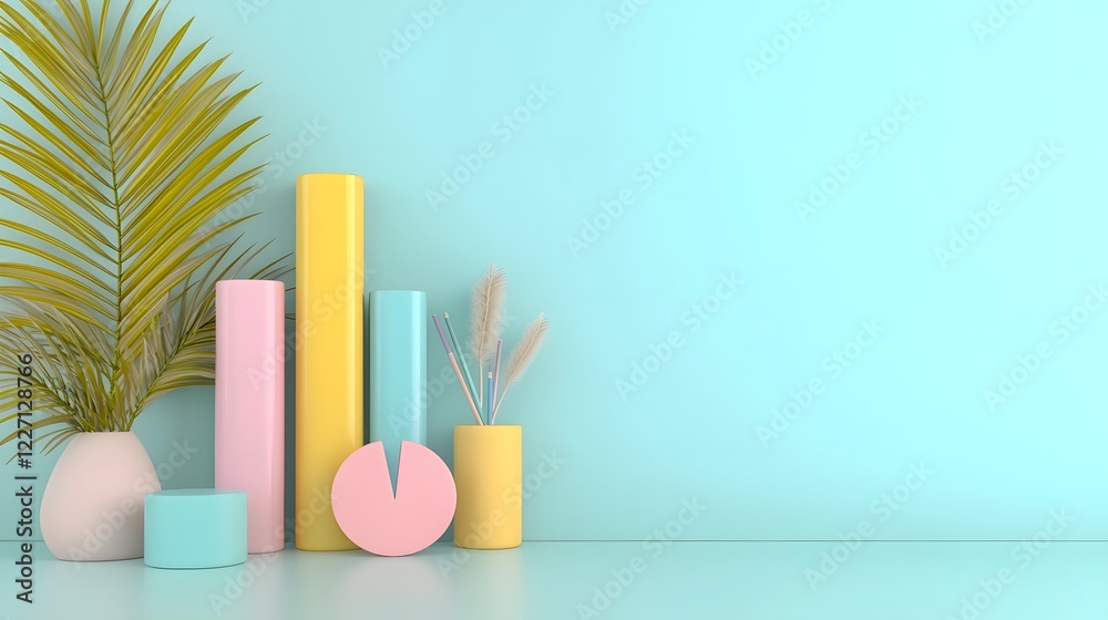 Aufkleber Whimsical 3D data visualization featuring pastel colored bar charts pie graphs and line plots