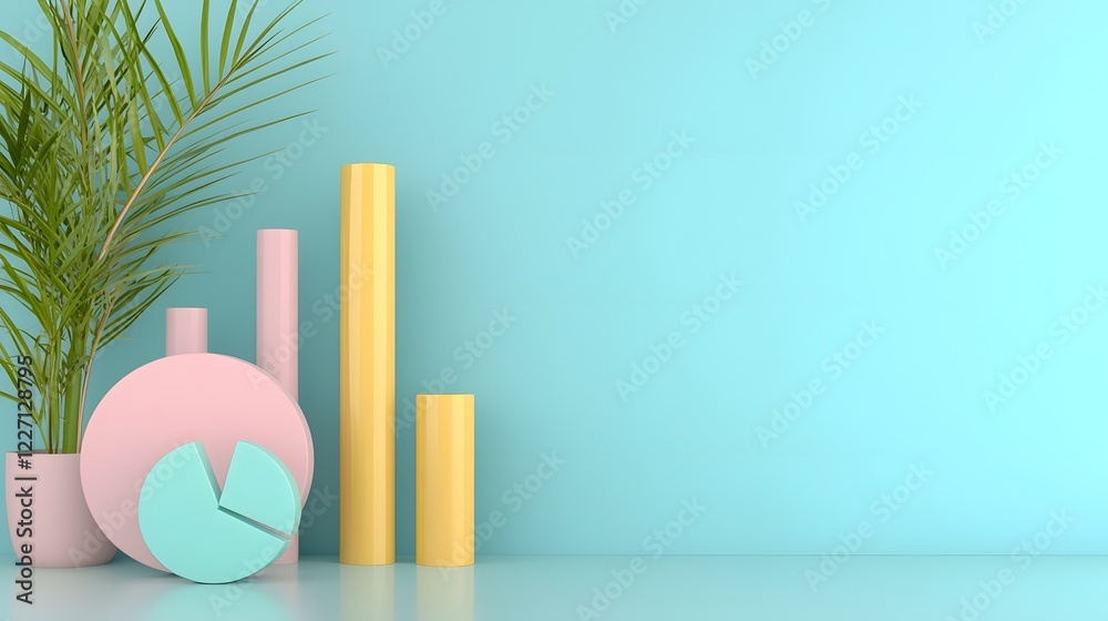 Aufkleber Visually engaging 3D composition of pastel hued data charts including soft bar graphs and pie diagrams arranged harmoniously on a clean office desk with delicate shadows and a minimalistic atmosphere