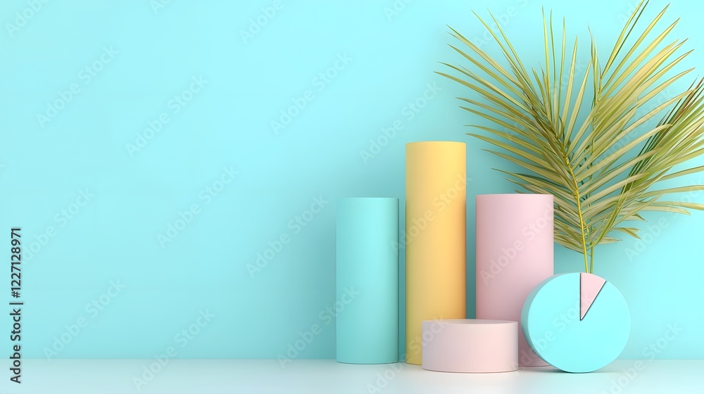 Poster Visually engaging 3D composition of pastel toned data charts including soft bar graphs and pie diagrams