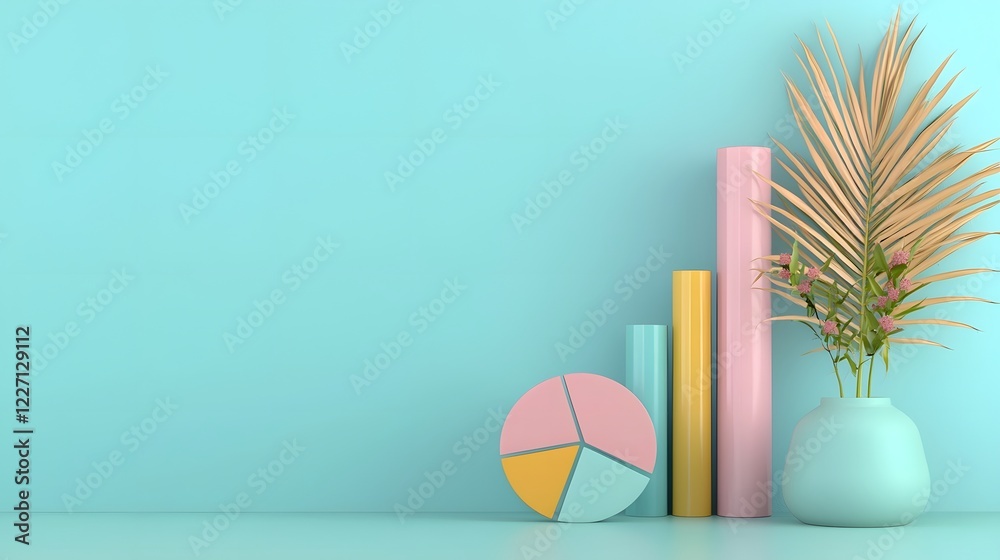Poster Meticulously crafted 3D infographic display with pastel bar graphs smooth pie charts and elegant line plots set against a stylish office desk backdrop with a modern aesthetic