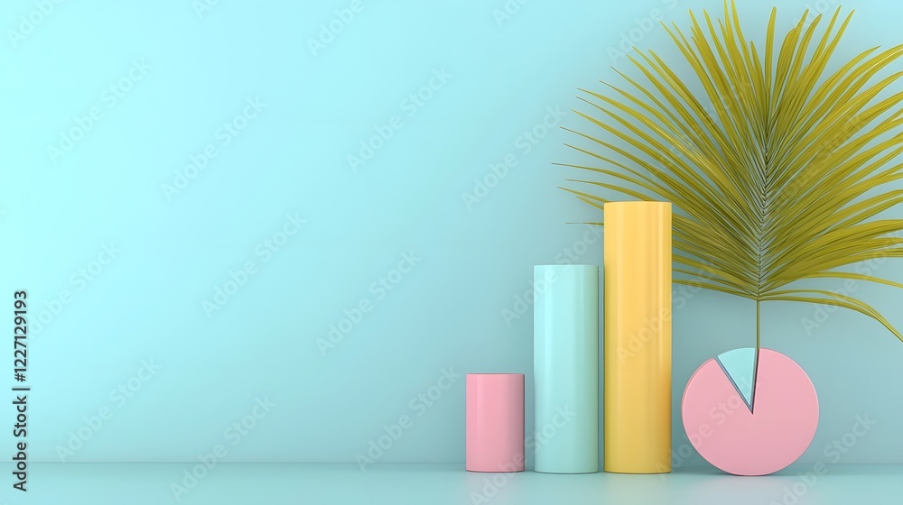 Aufkleber Minimalist and Futuristic Data Visualization Setup Featuring Pastel Colored 3D Bar and Pie Charts Floating on an Elegant Office Desk with Precision Lighting and Depth