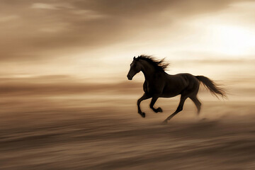 Fototapeta premium Majestic horse galloping across a windswept landscape at sunset, embodying freedom and grace