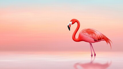 Fototapeta premium A vibrant pink flamingo stands gracefully in shallow water against a pastel sunset background, creating a serene and picturesque scene.