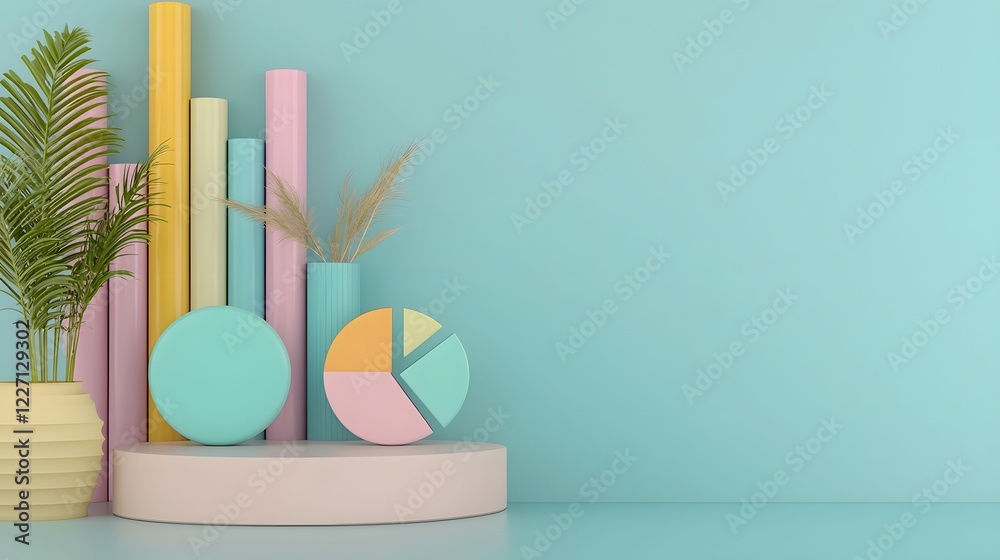 Poster Futuristic yet playful data visualization setup featuring whimsical pastel colored 3D bar and pie charts smoothly blending into an elegant office desk setting with precision lighting and depth
