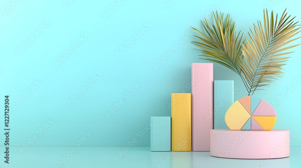 Poster Sophisticated pastel themed 3D data presentation with dynamic bar charts pie graphs and financial trends artfully placed on a contemporary office desk with natural lighting and soft shadowing