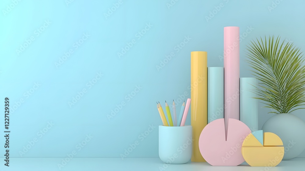 Poster Futuristic data visualization setup featuring whimsical pastel colored 3D bar and pie charts smoothly blending into an elegant office desk setting with precision lighting and depth