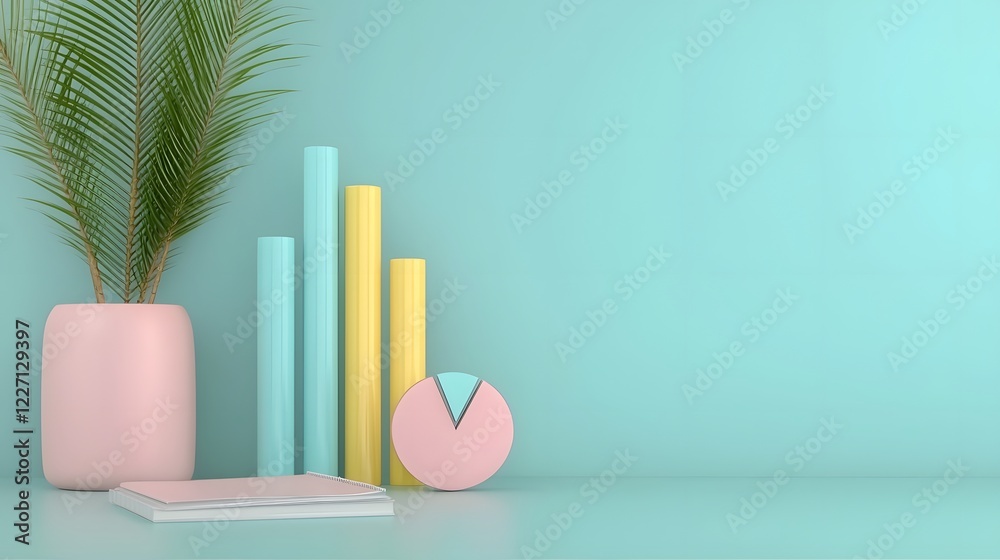 Poster Sophisticated pastel themed 3D data presentation with dynamic bar charts pie graphs and financial trends artfully placed on a contemporary office desk with natural lighting and soft shadowing