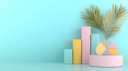 Sophisticated pastel themed 3D data presentation with dynamic bar charts pie graphs and financial trends artfully placed on a contemporary office desk with natural lighting and soft shadowing