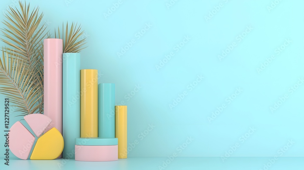 Poster Captivating 3D infographic arrangement showcasing pastel shaded bar graphs pie charts and other data visualization elements set in a well organized modern office desk environment with soft