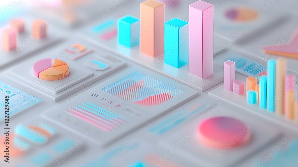 Fototapete Futuristic 3D financial dashboard featuring vibrant bar charts pie graphs and dynamic data visualizations surrounded by geometric shapes and patterns symbolizing data analysis and business insights