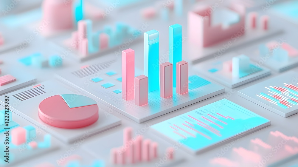 Poster Visually striking 3D business intelligence scene featuring a financial dashboard with glowing charts colorful pie diagrams and structured data graphs
