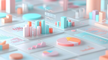 Futuristic 3D financial dashboard featuring a clean and modern design with vibrant color coded bar charts dynamic pie graphs