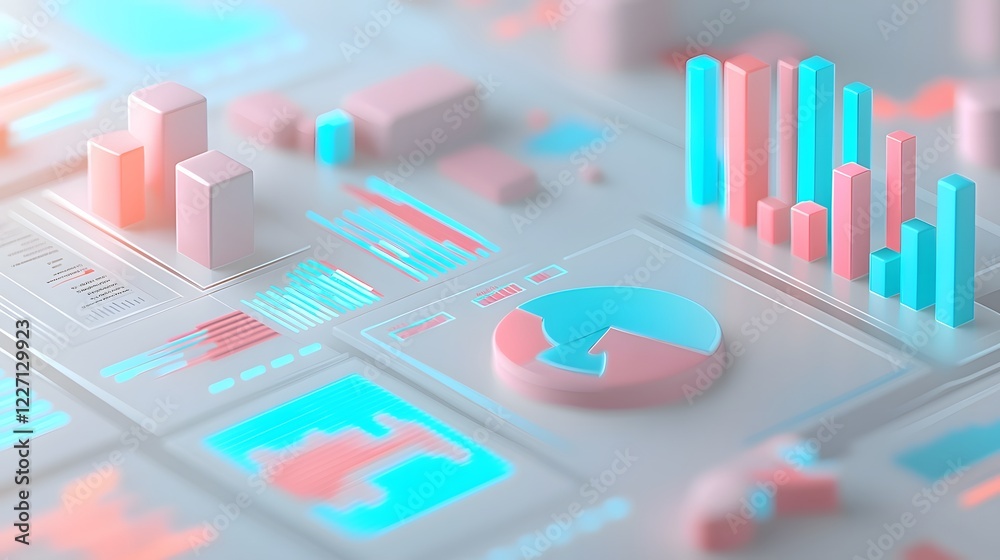 Poster Sleek Futuristic 3D Financial Data Interface with Vibrant Floating Visualizations Representing Business Analytics and Trends with Soft Neon Lighting
