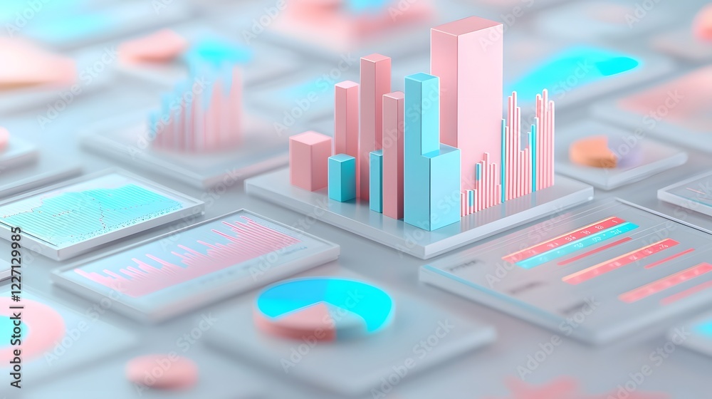Leinwandbilder Futuristic 3D Financial Data Visualization with Vibrant Floating Charts Trend Lines and Abstract Geometric Shapes Representing Business Analytics and Data Insights
