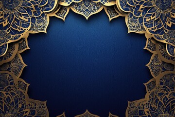 Craft an elegant background with intricate golden mandala patterns on a navy blue canvas, perfect for Ramadan and Islamic themes