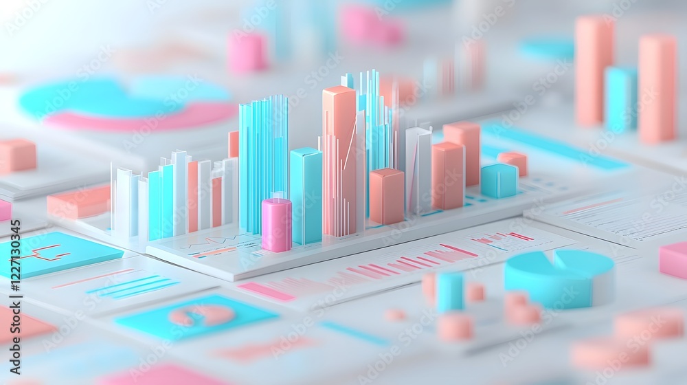 Poster Captivating 3D Economic Dashboard with Vibrant Data Charts Financial Trend Lines and Pie Charts Arranged with Abstract Geometric Elements to Emphasize Business Intelligence and Analysis