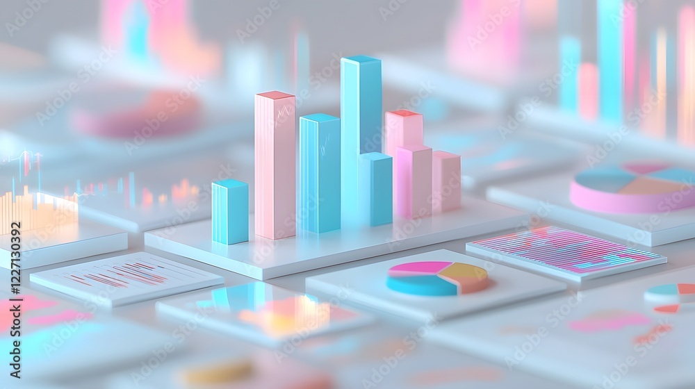 Poster Sleek and vibrant 3D financial analysis concept with floating bar graphs data driven pie charts and abstract geometric shapes representing market insights