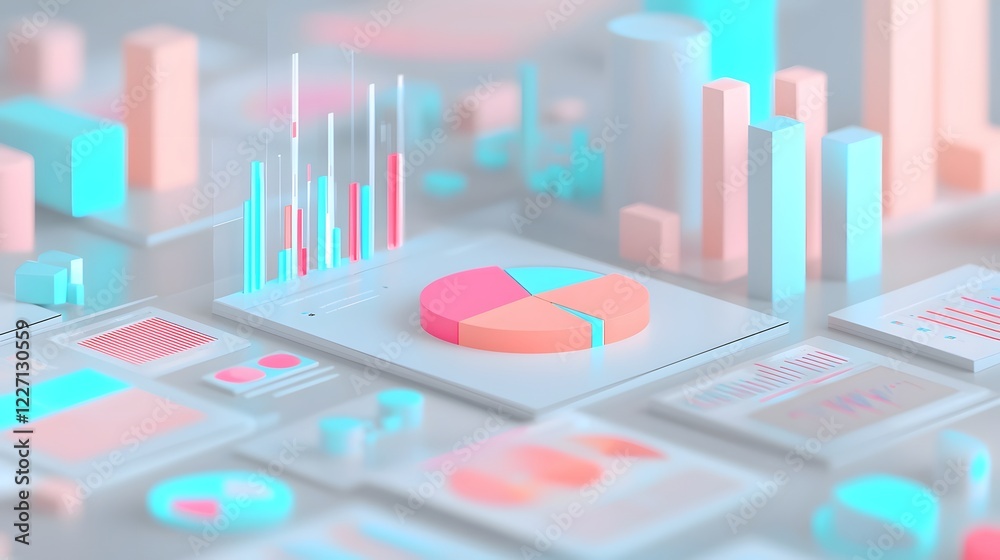 Poster A modern 3D financial visualization scene with layered graphs glowing pie charts and analytical bar charts