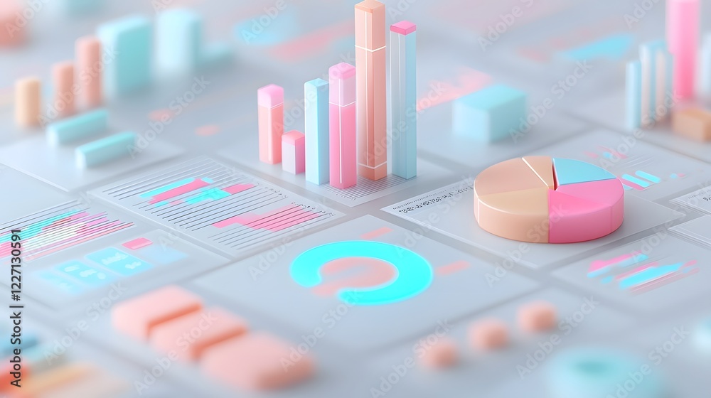 Aufkleber Detailed 3D Rendering of a Modern Financial Data Analytics Visualization Scene Featuring Layered Graphs Glowing Pie Charts