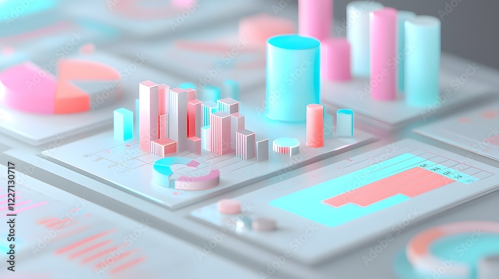 Poster A modern 3D financial visualization scene with layered graphs glowing pie charts and analytical bar charts