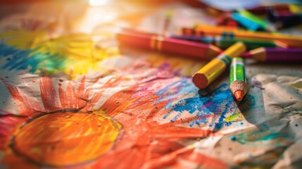 Obraz premium Colorful Crayon Art on Paper with Sunflower and Vibrant Background