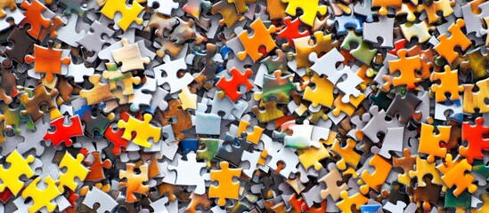 Colorful puzzle pieces scattered, closeup, tabletop, background image, website design