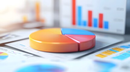 3D rendered pie chart with glossy vibrant segments positioned on an office desk filled with printed statistical reports bar graphs and trend analysis charts