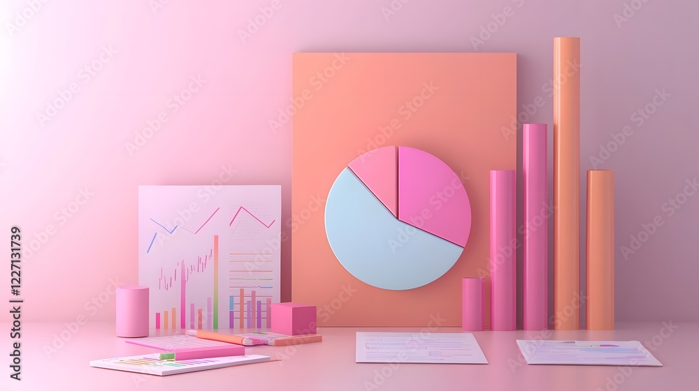 Poster Visually Appealing 3D Data Visualization with Polished Colorful Pie Chart on a Workspace Filled with Statistical Documents Financial Graphs and Corporate Reports Set in a Well Lit