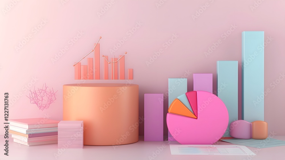 Leinwandbilder Visually appealing 3D data visualization featuring a polished colorful pie chart on a workspace filled with statistical documents financial graphs and corporate reports set in a well lit