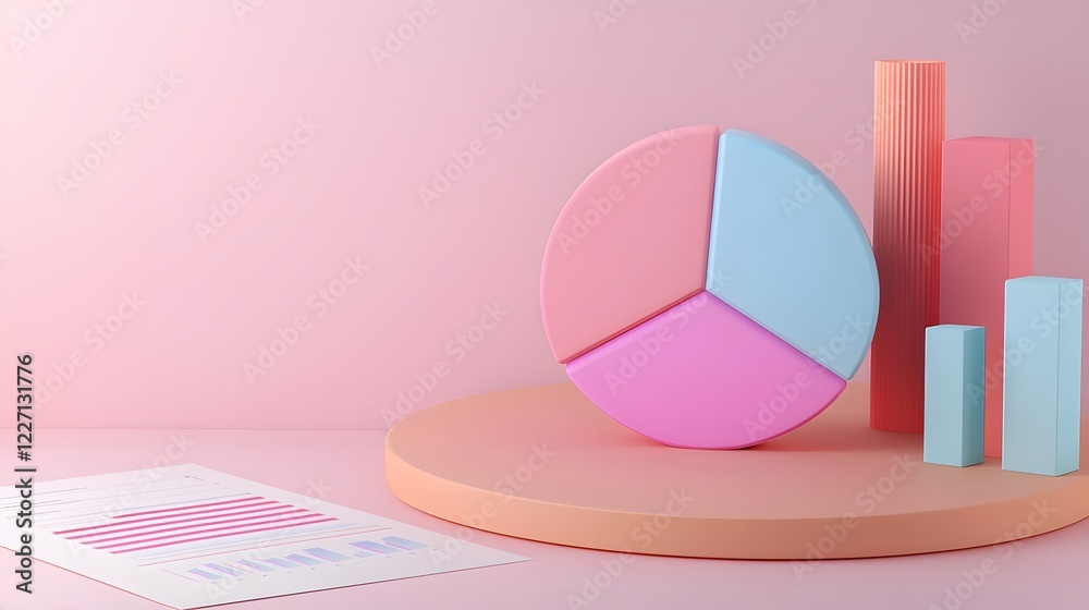 Aufkleber Polished 3D data visualization with a colorful pie chart set on a well lit modern office workspace filled with statistical documents financial graphs and corporate reports