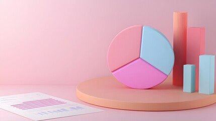 Polished 3D data visualization with a colorful pie chart set on a well lit modern office workspace filled with statistical documents financial graphs and corporate reports